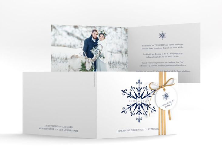 Hochzeitseinladung Crystal A6 Klappkarte quer weiss mit Eiskristall
