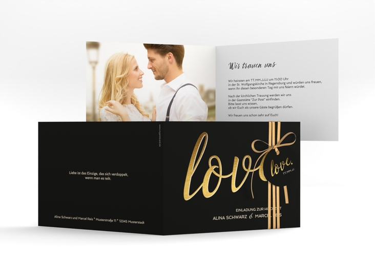 Hochzeitseinladung Glam A6 Klappkarte quer schwarz hochglanz