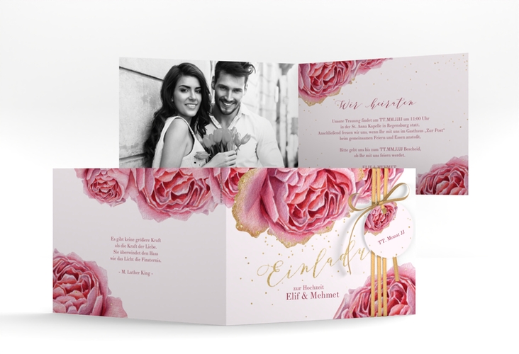 Hochzeitseinladung Cherie A6 Klappkarte quer rosa hochglanz