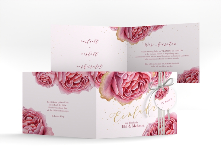 Hochzeitseinladung Cherie A6 Klappkarte quer rosa hochglanz