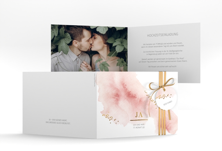 Hochzeitseinladung Pastell A6 Klappkarte quer rosa hochglanz