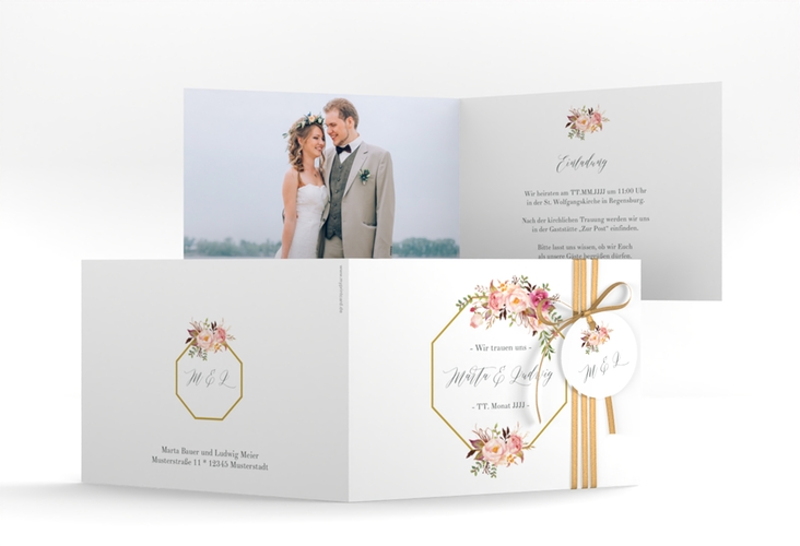 Hochzeitseinladung Prachtvoll A6 Klappkarte quer weiss hochglanz