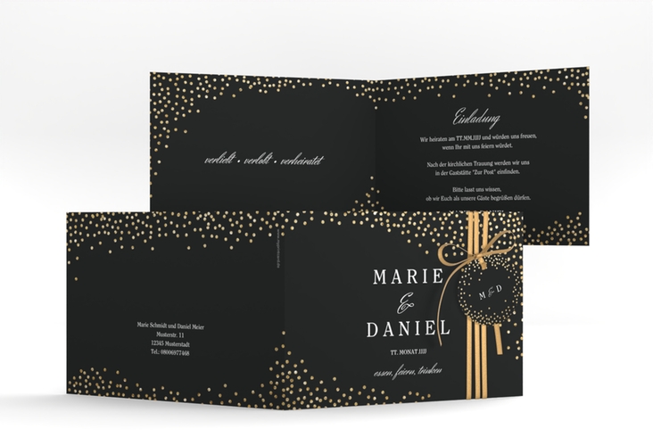 Hochzeitseinladung Glitter A6 Klappkarte quer schwarz hochglanz