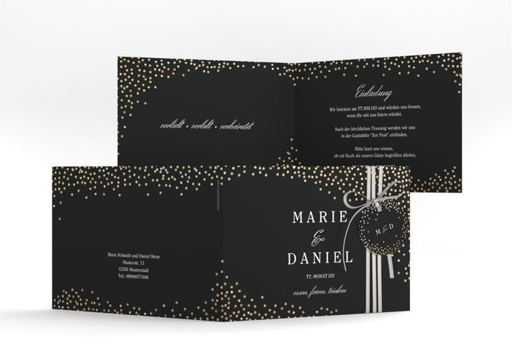 Hochzeitseinladung Glitter A6 Klappkarte quer schwarz hochglanz