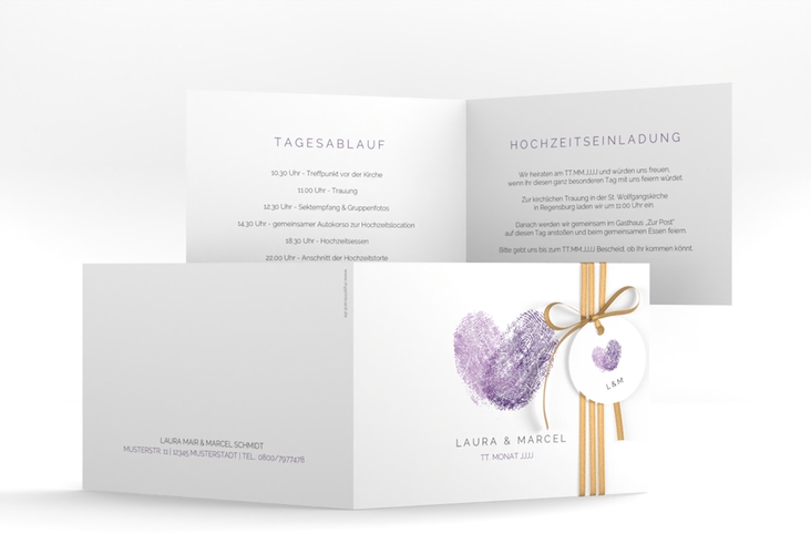 Hochzeitseinladung Fingerprint A6 Klappkarte quer lila hochglanz schlicht mit Fingerabdruck-Motiv