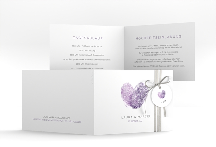 Hochzeitseinladung Fingerprint A6 Klappkarte quer lila hochglanz schlicht mit Fingerabdruck-Motiv