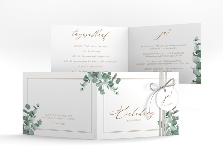 Hochzeitseinladung Eucalypt A6 Klappkarte quer hochglanz mit Eukalyptus und edlem Rahmen