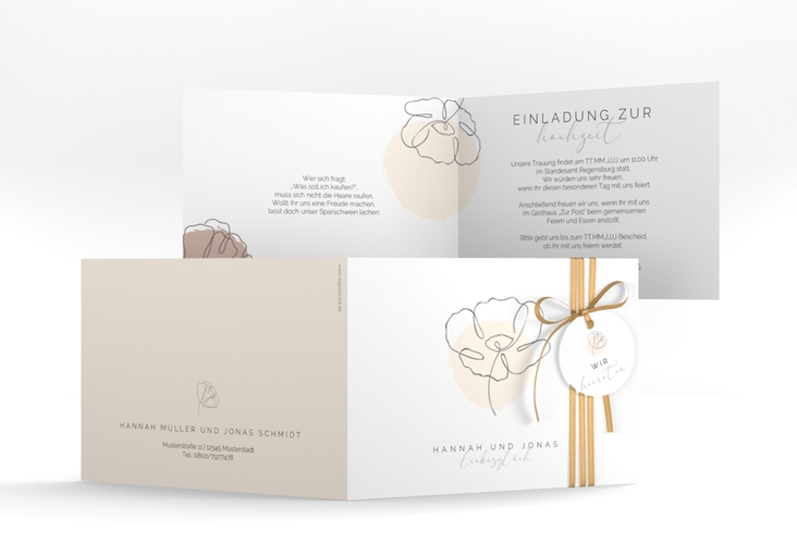 Hochzeitseinladung Flowerline A6 Klappkarte quer apricot