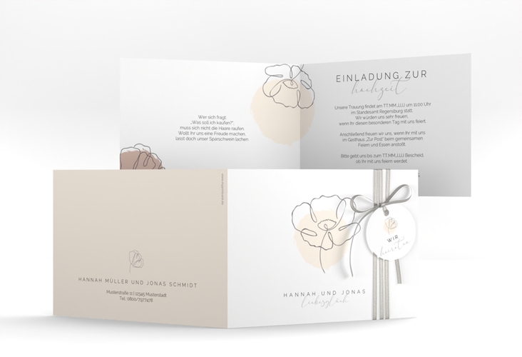 Hochzeitseinladung Flowerline A6 Klappkarte quer apricot
