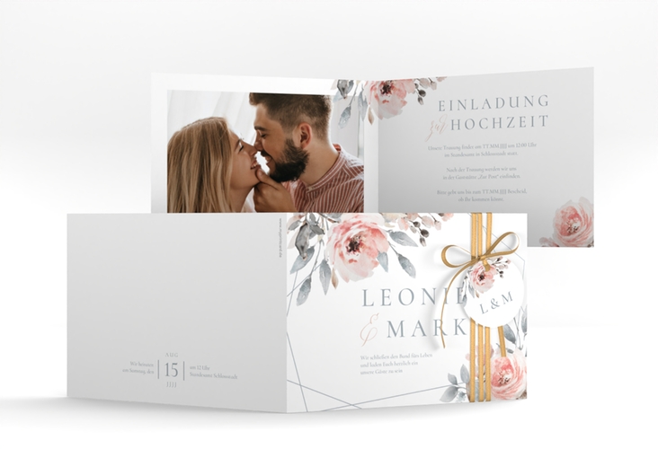 Hochzeitseinladung Perfection A6 Klappkarte quer weiss mit rosa Rosen