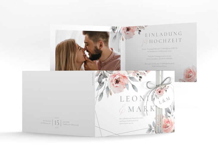 Hochzeitseinladung Perfection A6 Klappkarte quer weiss mit rosa Rosen