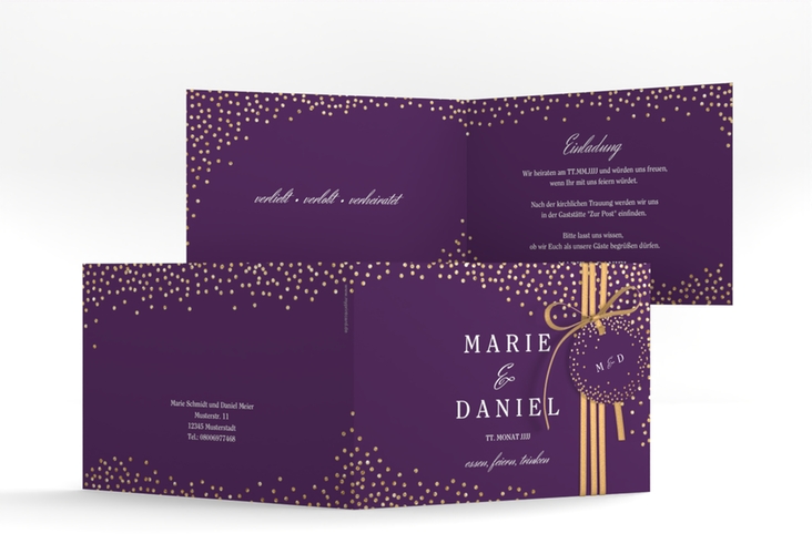 Hochzeitseinladung Glitter A6 Klappkarte quer lila