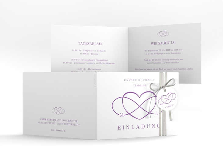 Hochzeitseinladung Infinity A6 Klappkarte quer lila