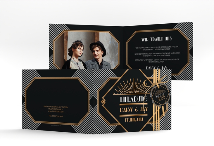 Hochzeitseinladung Gatsby A6 Klappkarte quer schwarz im 20er-Jahre-Stil