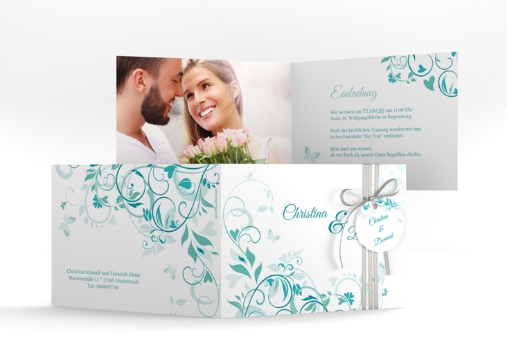Hochzeitseinladung Lilly A6 Klappkarte quer tuerkis