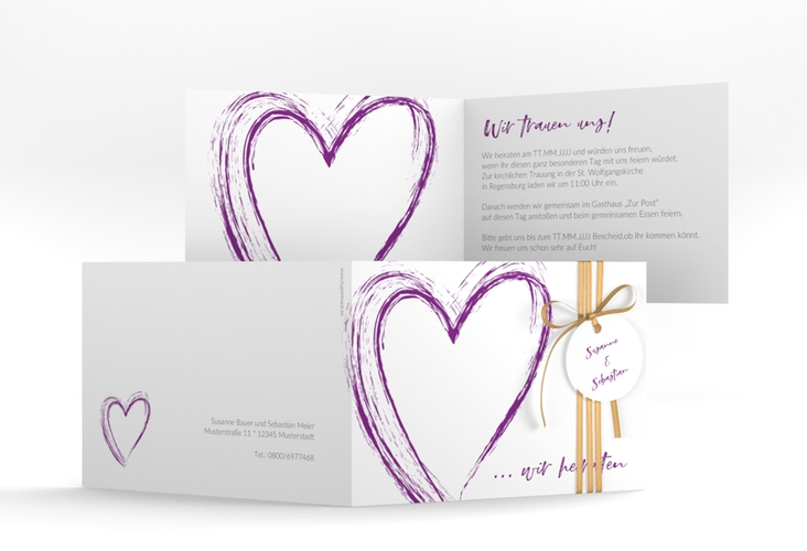 Hochzeitseinladung Liebe A6 Klappkarte quer lila hochglanz