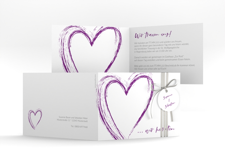 Hochzeitseinladung Liebe A6 Klappkarte quer lila hochglanz