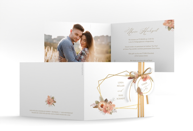 Hochzeitseinladung Strohblume A6 Klappkarte quer weiss