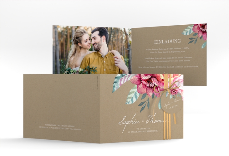 Hochzeitseinladung Blooming A6 Klappkarte quer Kraftpapier