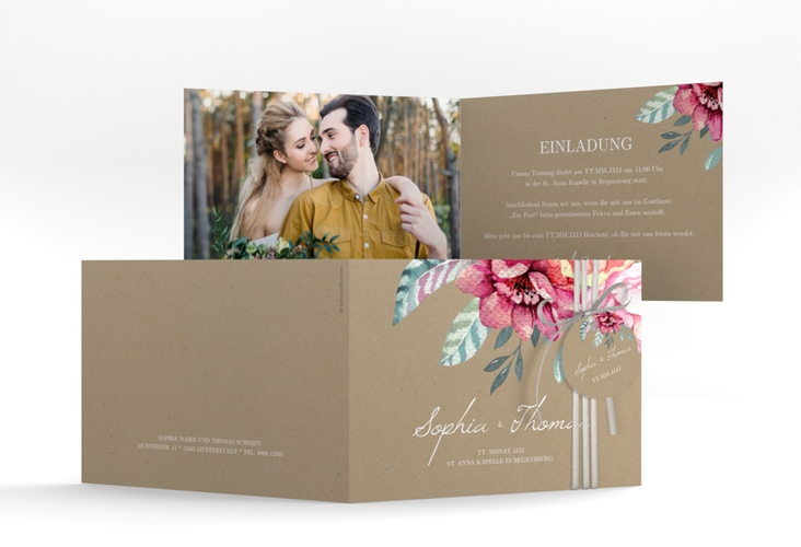 Hochzeitseinladung Blooming A6 Klappkarte quer Kraftpapier
