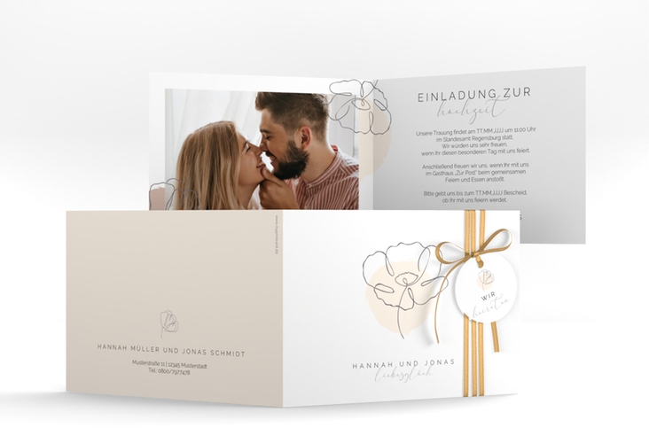 Hochzeitseinladung Flowerline A6 Klappkarte quer apricot