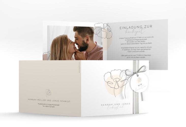 Hochzeitseinladung Flowerline A6 Klappkarte quer apricot