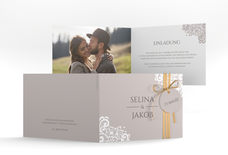 Hochzeitseinladung Vintage A6 Klappkarte quer grau mit floraler Spitze