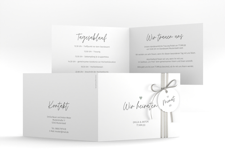 Hochzeitseinladung Herzschlag A6 Klappkarte quer weiss hochglanz schlicht und elegant mit Herzchen