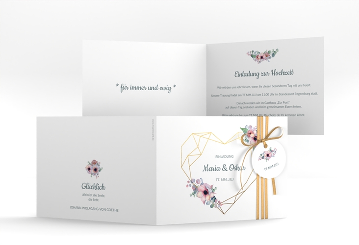 Hochzeitseinladung Herzgold A6 Klappkarte quer hochglanz