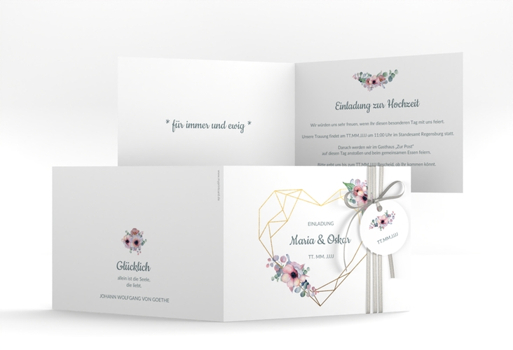 Hochzeitseinladung Herzgold A6 Klappkarte quer hochglanz
