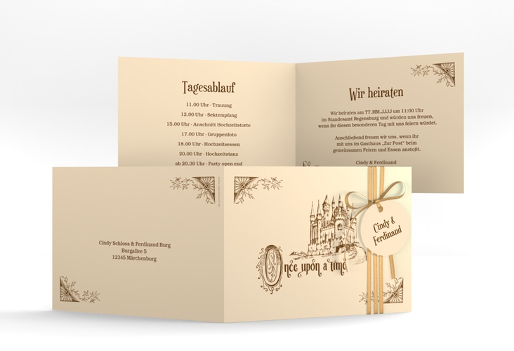 Hochzeitseinladung Storybook A6 Klappkarte quer beige