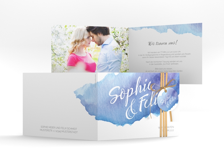 Einladungskarte Hochzeit Aquarella A6 Klappkarte quer blau hochglanz