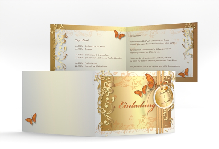 Hochzeitseinladung Toulouse A6 Klappkarte quer orange hochglanz mit Schmetterlingen und Schnörkeln