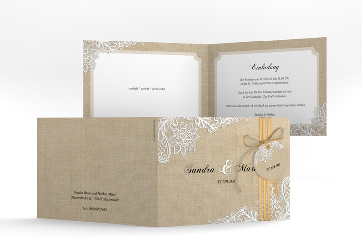 Hochzeitseinladung Lace A6 Klappkarte quer beige in Leinen-Optik mit weißer Spitze