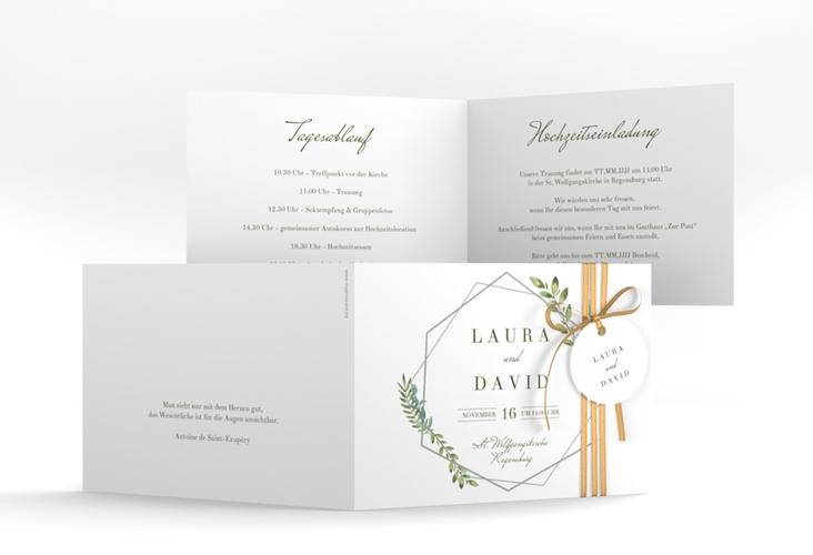 Hochzeitseinladung Herbarium A6 Klappkarte quer grau mit geometrischem Rahmen und Blätter-Dekor
