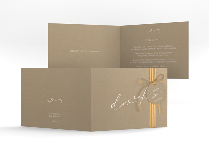 Hochzeitseinladung Zweisamkeit A6 Klappkarte quer Kraftpapier hochglanz im minimalistischen Stil mit Aufschrift du & ich