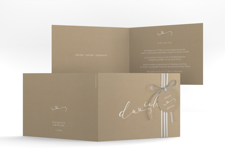 Hochzeitseinladung Zweisamkeit A6 Klappkarte quer Kraftpapier hochglanz im minimalistischen Stil mit Aufschrift du & ich