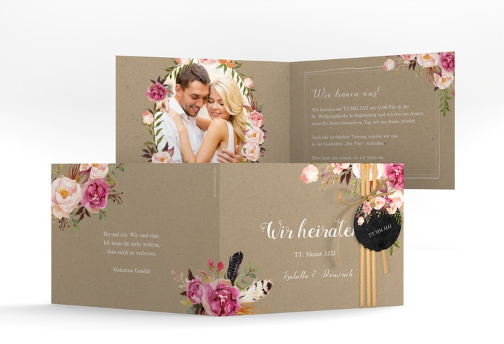 Hochzeitseinladung Flowers A6 Klappkarte quer Kraftpapier mit bunten Aquarell-Blumen