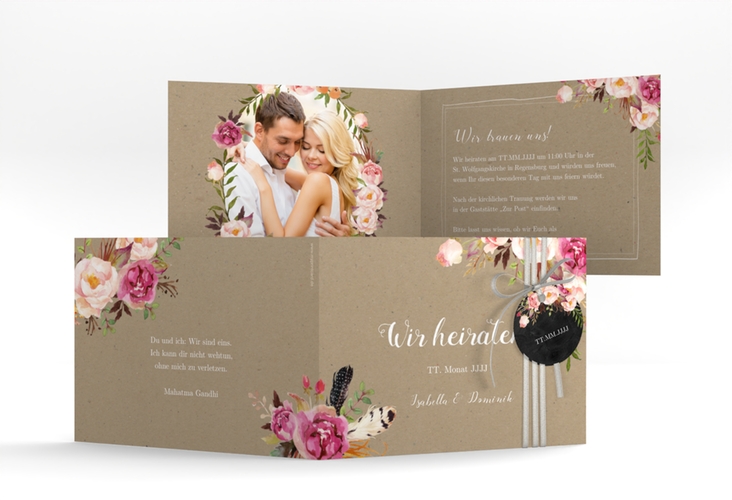 Hochzeitseinladung Flowers A6 Klappkarte quer Kraftpapier mit bunten Aquarell-Blumen