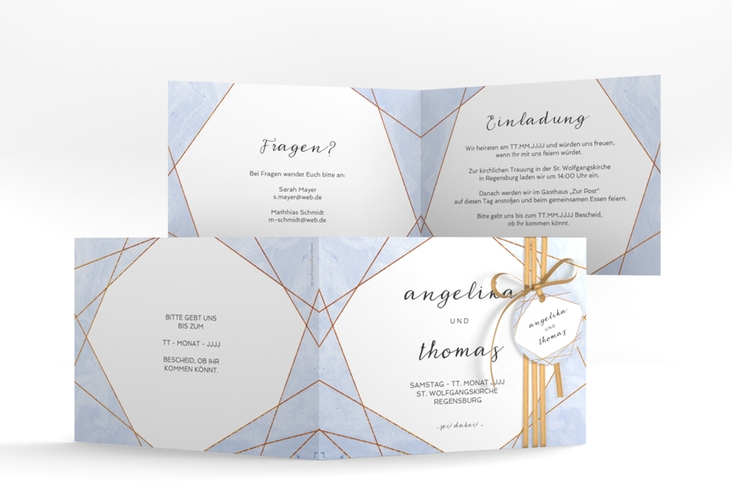 Hochzeitseinladung Asymmetry A6 Klappkarte quer blau