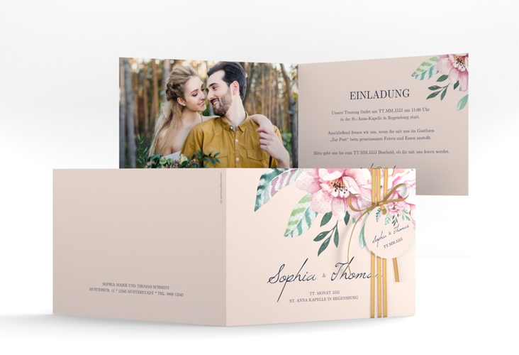Hochzeitseinladung Blooming A6 Klappkarte quer rosa hochglanz