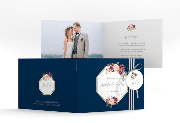 Hochzeitseinladung Prachtvoll A6 Klappkarte quer blau hochglanz