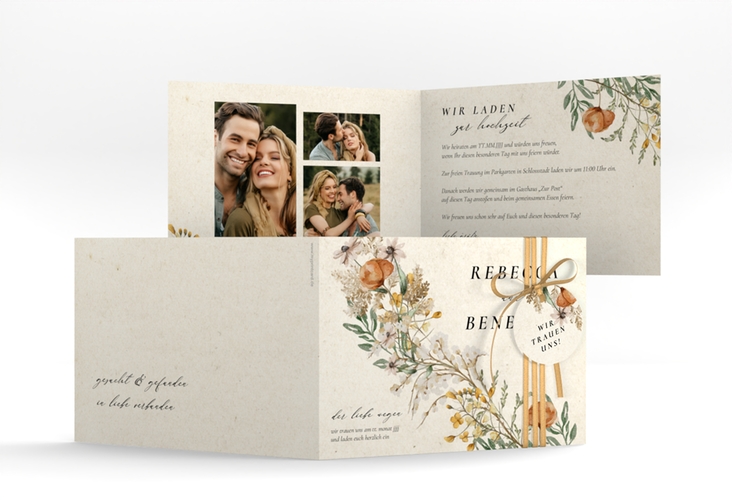 Hochzeitseinladung Wildfang A6 Klappkarte quer mit getrockneten Wiesenblumen