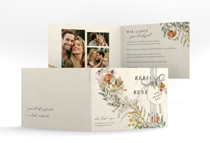 Hochzeitseinladung Wildfang A6 Klappkarte quer mit getrockneten Wiesenblumen
