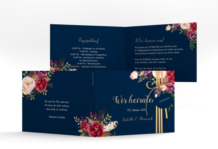 Hochzeitseinladung Flowers A6 Klappkarte quer blau hochglanz mit bunten Aquarell-Blumen