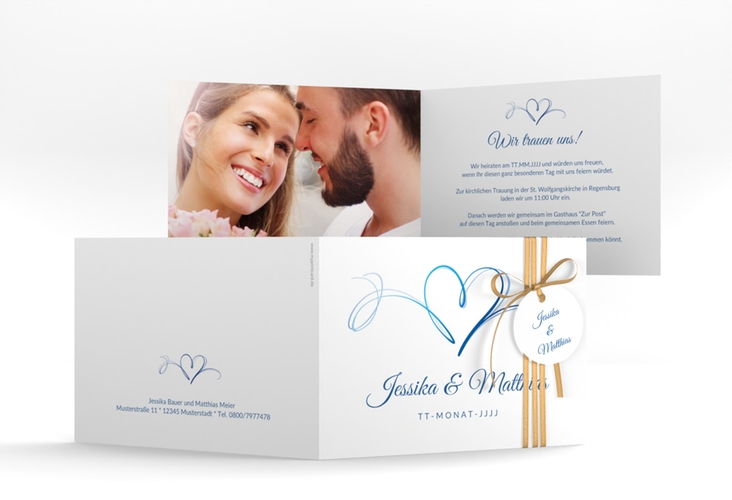 Hochzeitseinladung Envie A6 Klappkarte quer blau hochglanz