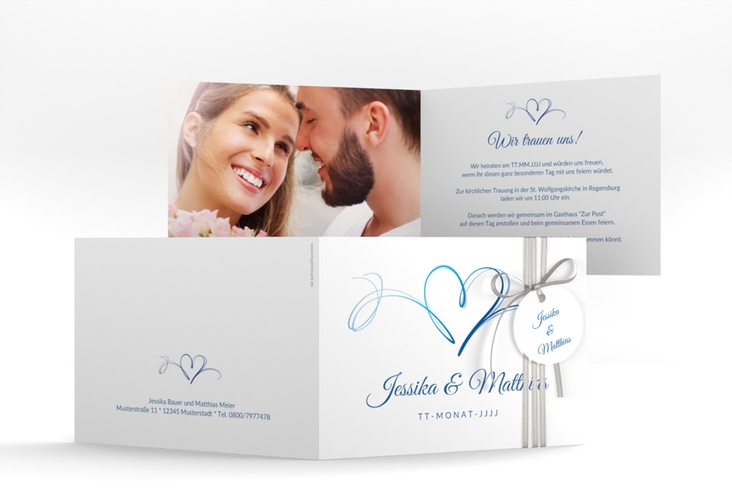 Hochzeitseinladung Envie A6 Klappkarte quer blau hochglanz