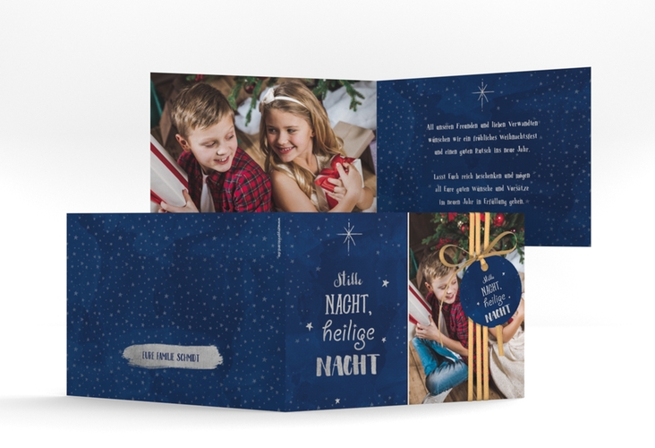 Weihnachtskarte "Sternenzauber" A6 Klappkarte Quer und silber mit Sternenhimmel-Motiv und Foto