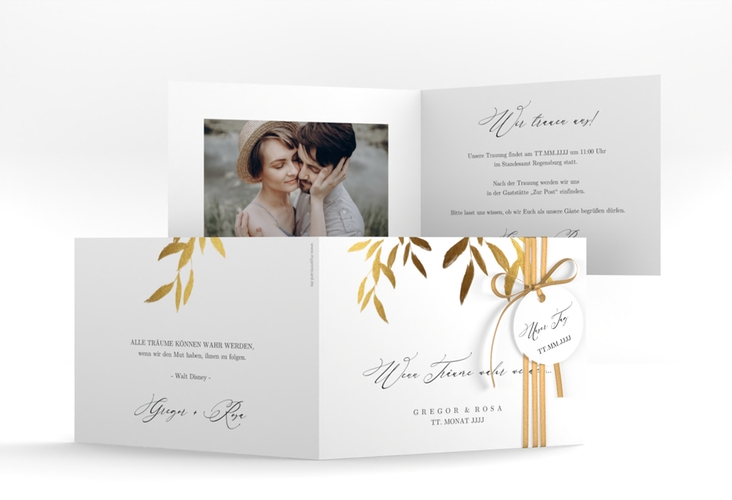 Hochzeitseinladung Demure A6 Klappkarte quer weiss hochglanz