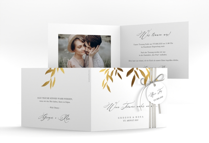 Hochzeitseinladung Demure A6 Klappkarte quer weiss hochglanz